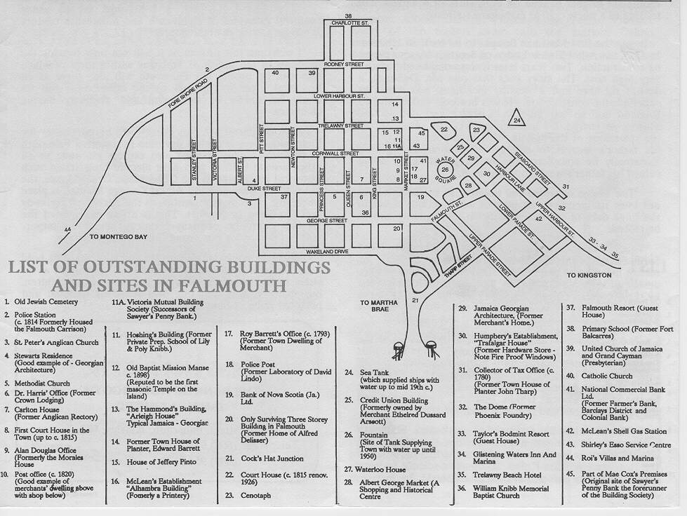 Map of Falmouth, Jamaica with historic sites numbered